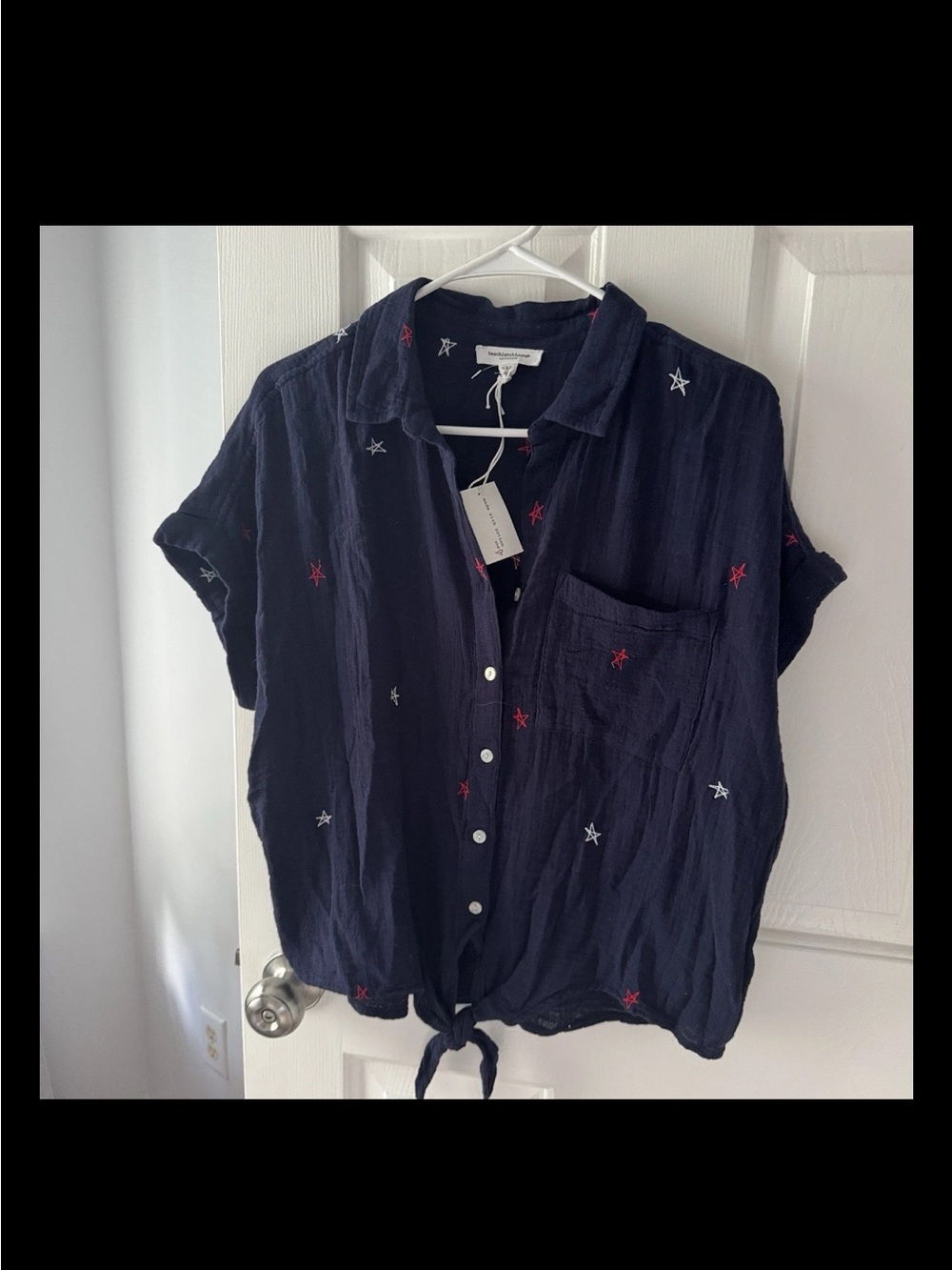 beachlunchlounge Navy Button-Front Tie-Hem Top with Red & White Star Embroidery